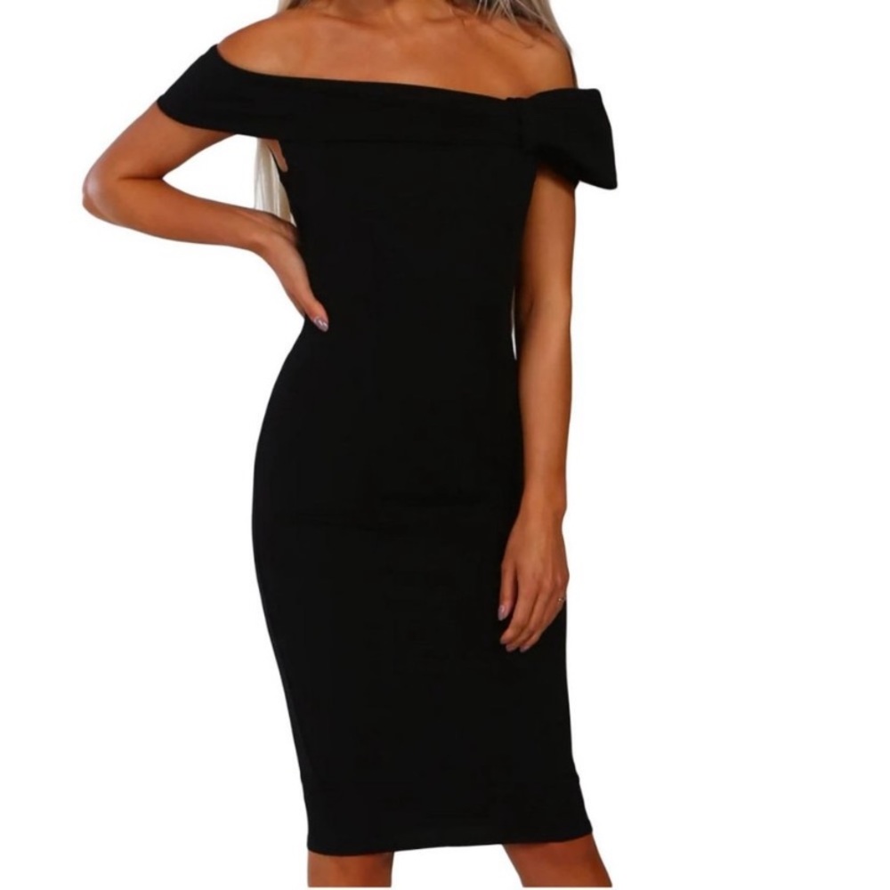 new Black Bardot Bow Accent Bodycon Midi Dress L